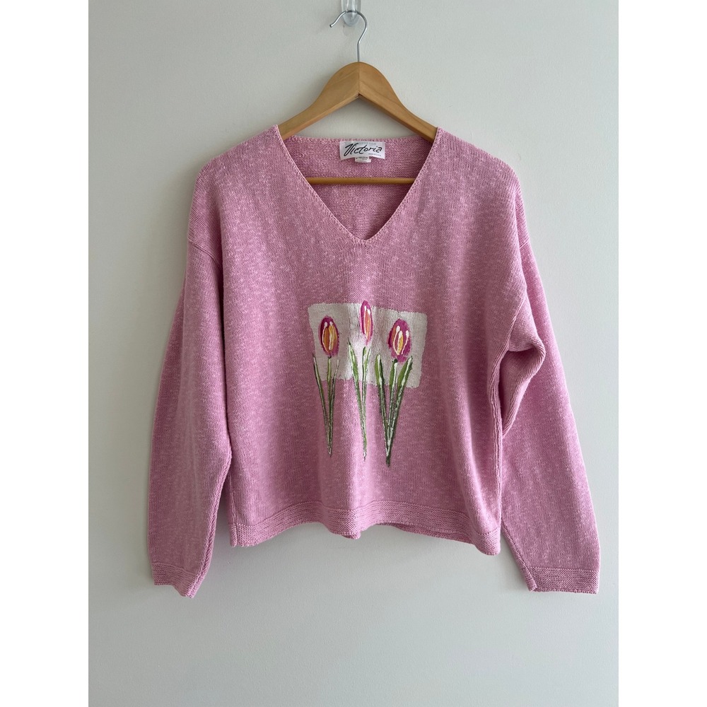 Vintage 90s Victoria Hand Painted Tulip Pink Cotton Knit Sweater USA Cottagecore